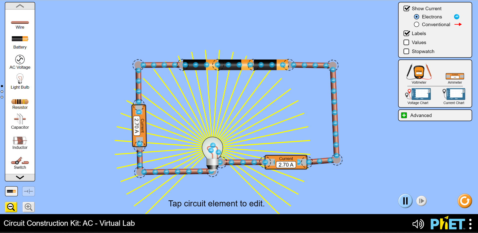 Screenshot of Phet simulation of measuring current in a circuit.
