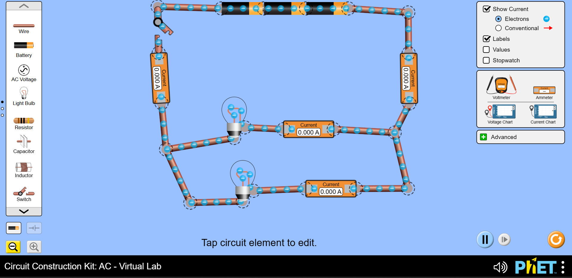 Screenshot of a Phet simulation of a parallel circuit.